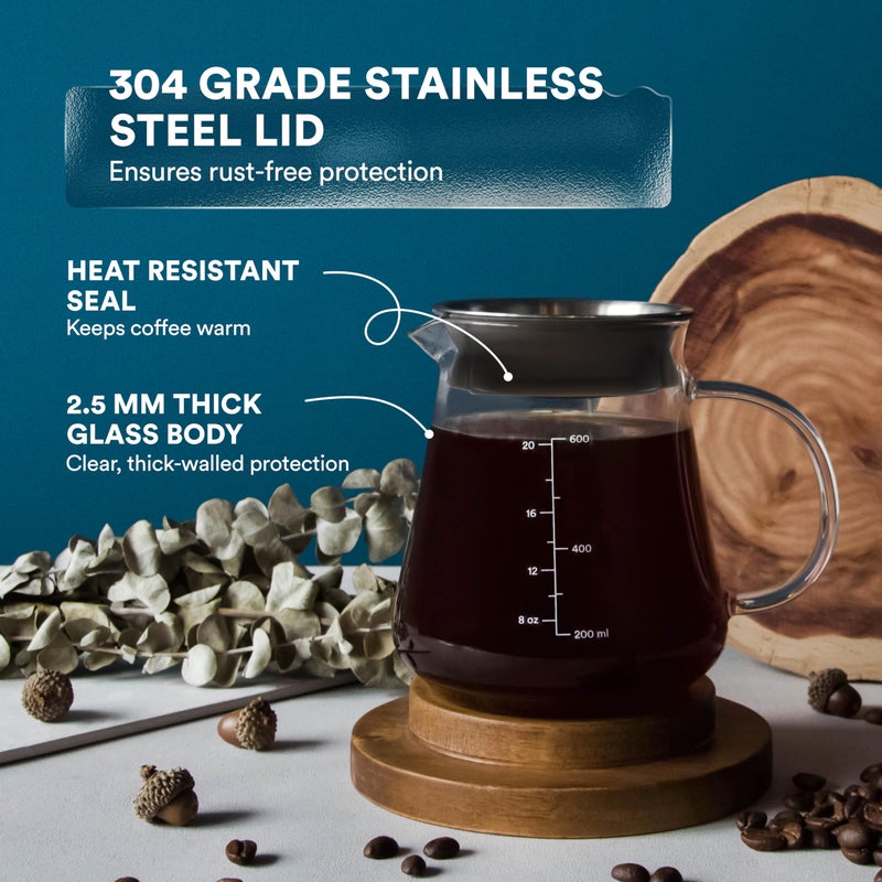 ovalware Glass Range Coffee Server For Pour Over Coffee & Tea - 600ml/20oz Ovalware Microwave Safe & Heatproof 2.5mm Thick Glass Body - Image 3